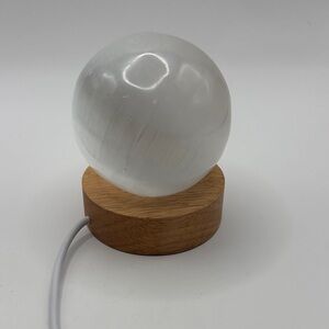 Selenite Crystal Sphere on Wooden Base Color Changing Lamp